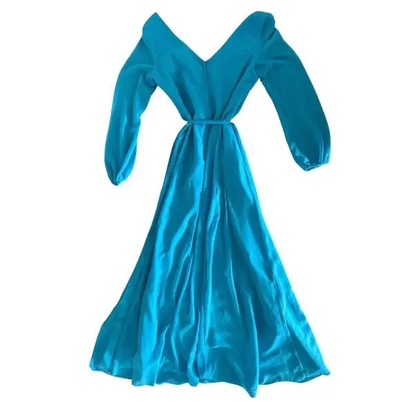 Celebrate DB Studio Teal Chiffon Long Sleeve V-Neck Dress SZ 14 Bridesmaid Gown - Picture 10 of 13